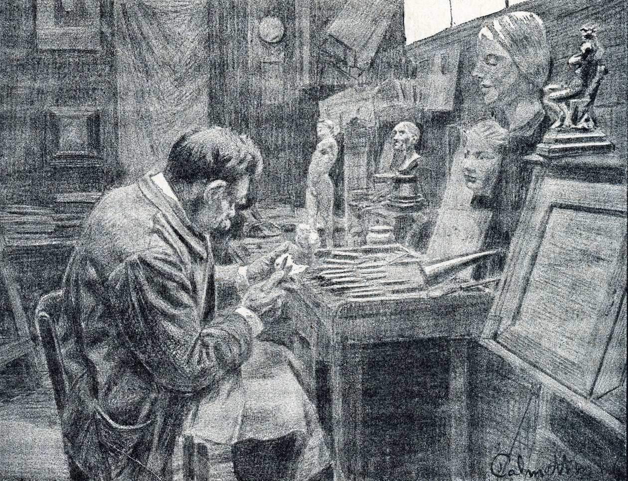 Trabalhador do marfim esculpindo marfim com cinzéis, raspadores e goivas Gravação de "Excursion a travers les metiers" por Pierre Calmette Private Collection de Pierre Calmettes