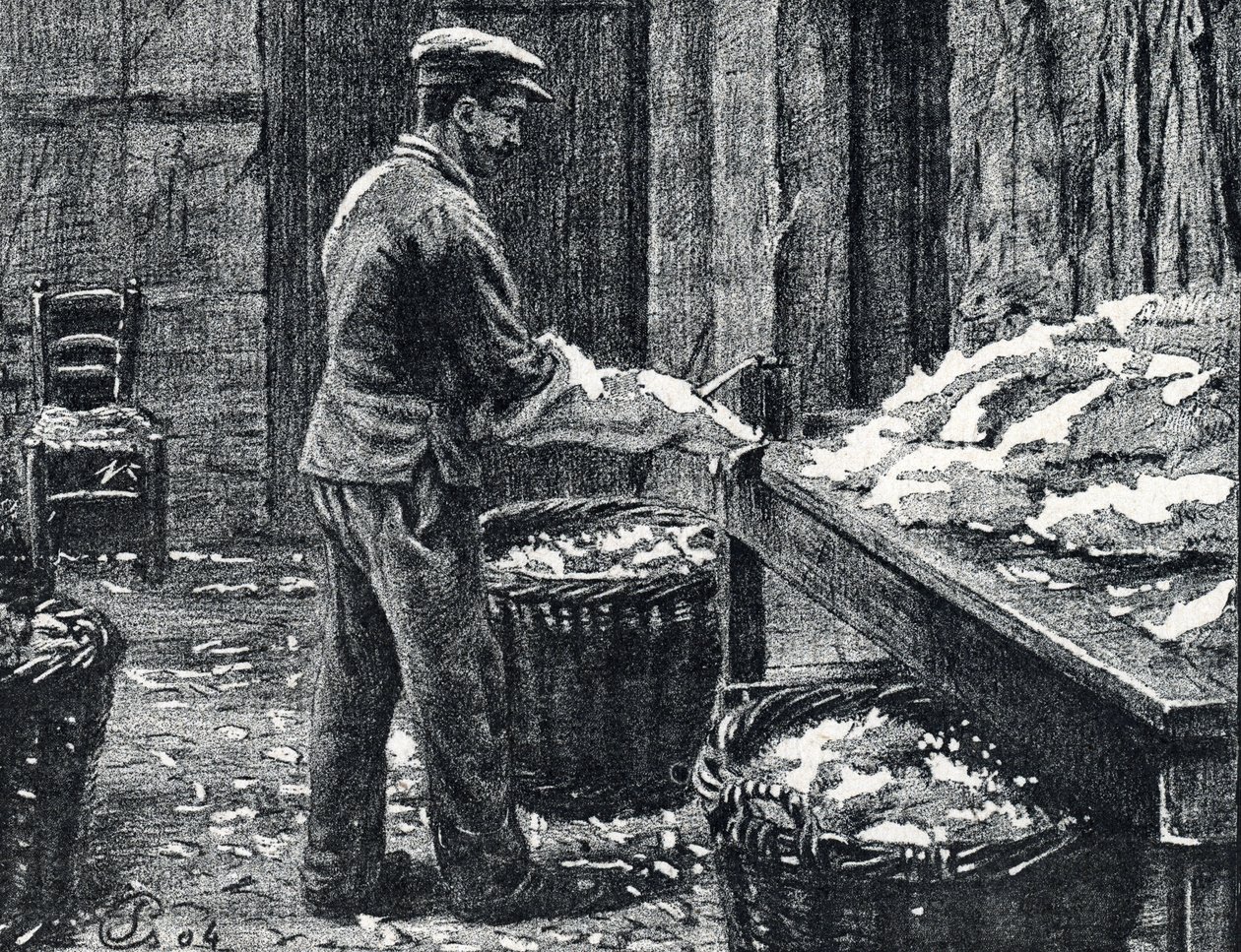 Couro: divisão de peles de coelho para fazer gravura de couro de "Excursion a travers les metiers" por Pierre Calmette Private Collection de Pierre Calmettes