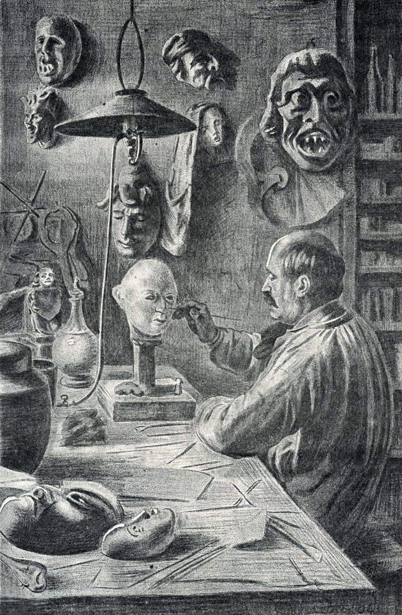 Fabricação de teatro e máscaras de disfarce Gravação a partir de "Excursion a travers les metiers" por Pierre Calmette Private Collection de Pierre Calmettes