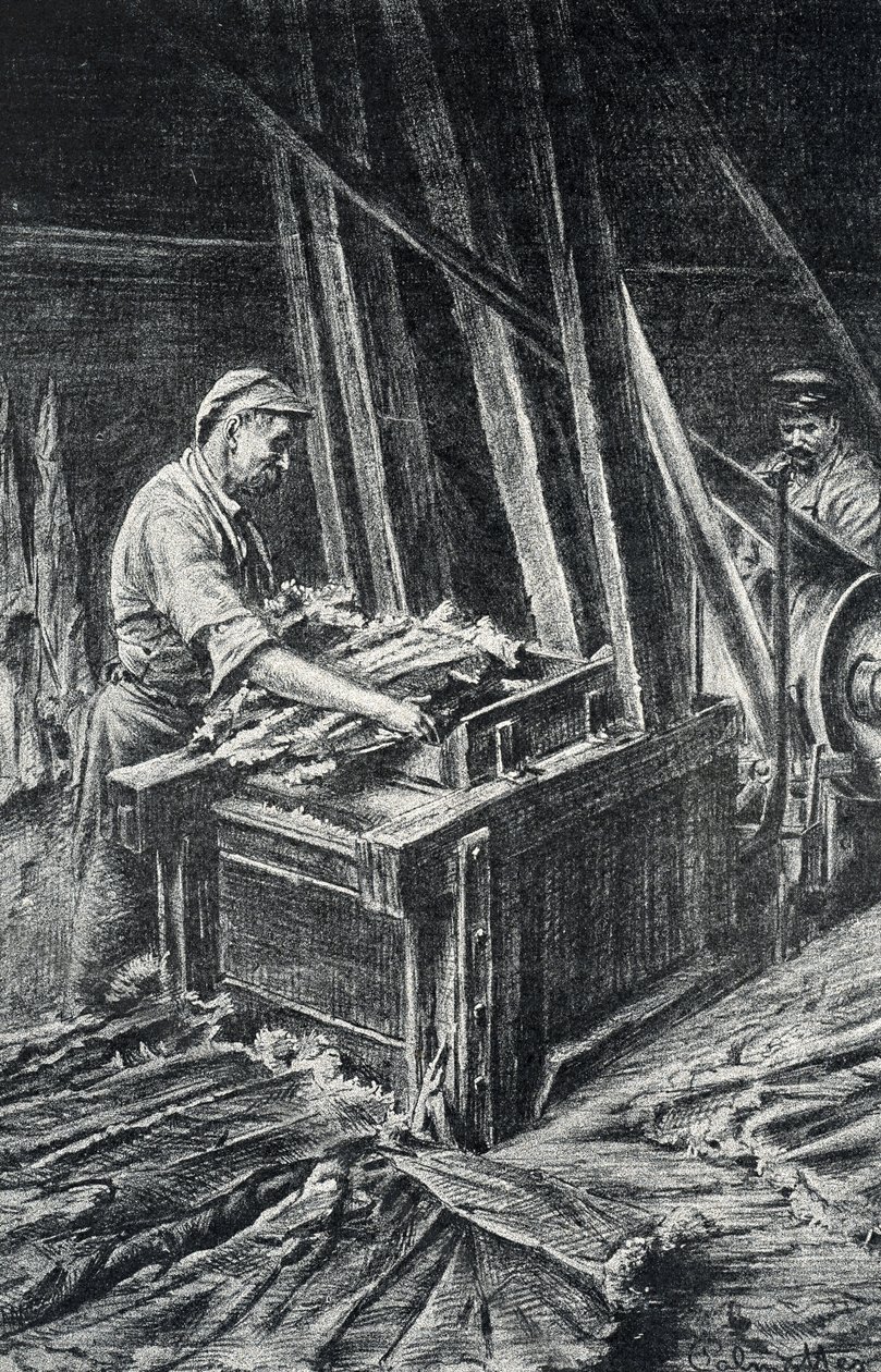 Peausserie, le corroyage: o trabalho em couro, o amolecimento das peles de animais numa gravura mais completa de Pierre Calmette Collection privee de Pierre Calmettes