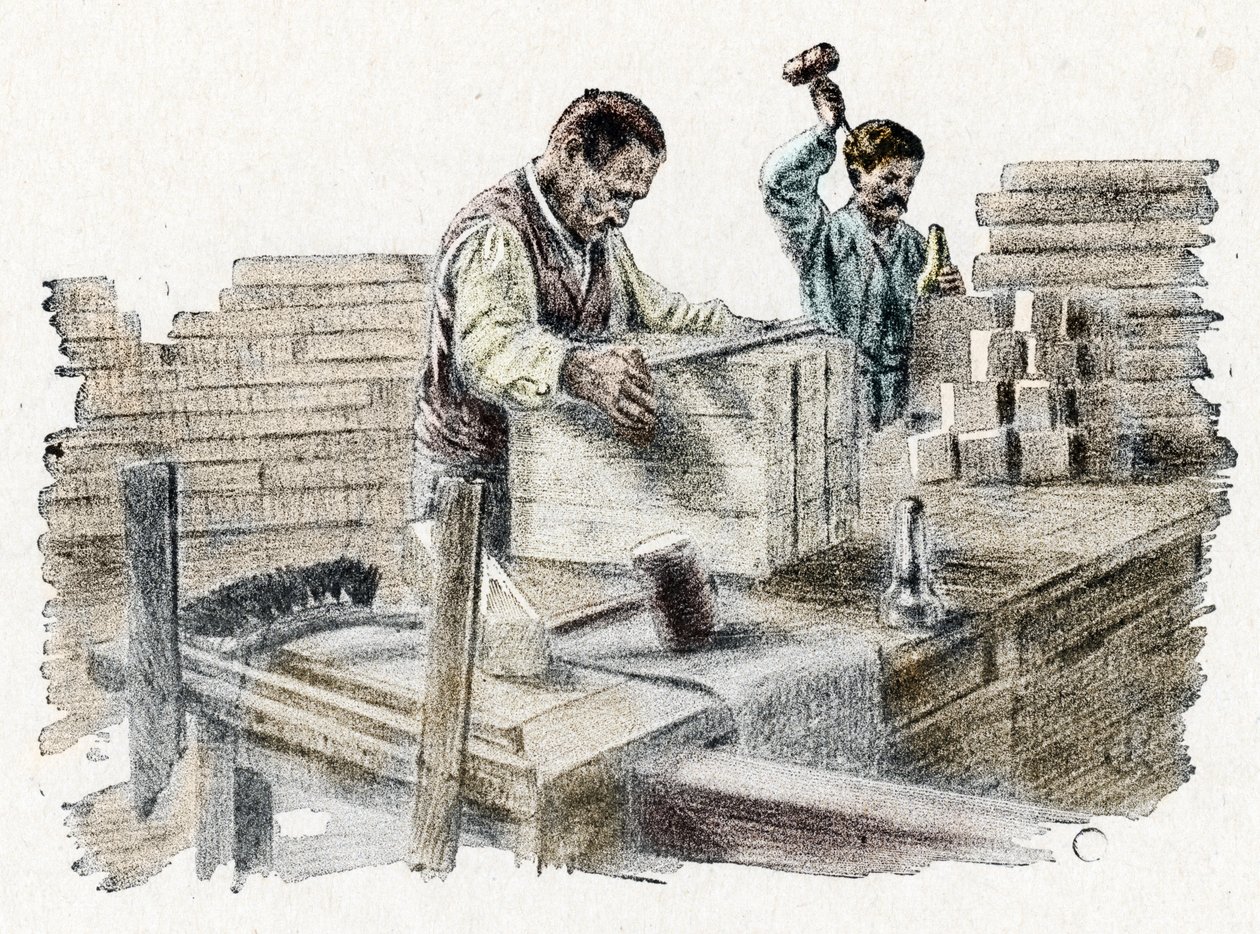 Savonnerie: le decoupage des breads de soap (fabrico de barras de sabão) Gravação de "Excursion a travers les metiers" da colecção privada Pierre Calmette de Pierre Calmettes