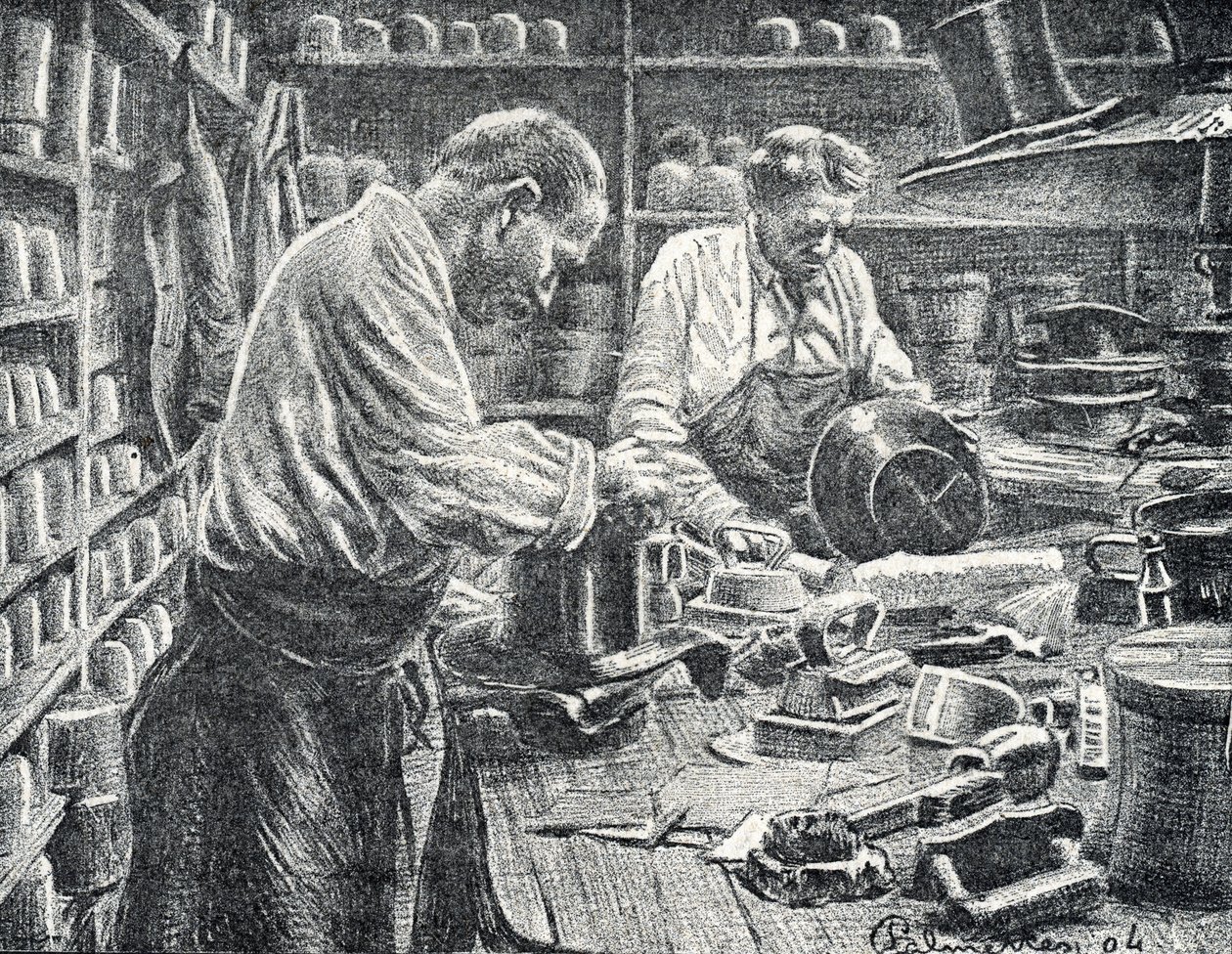 Fabricantes de chapéus de seda Gravura de Pierre Calmette Private Collection de Pierre Calmettes
