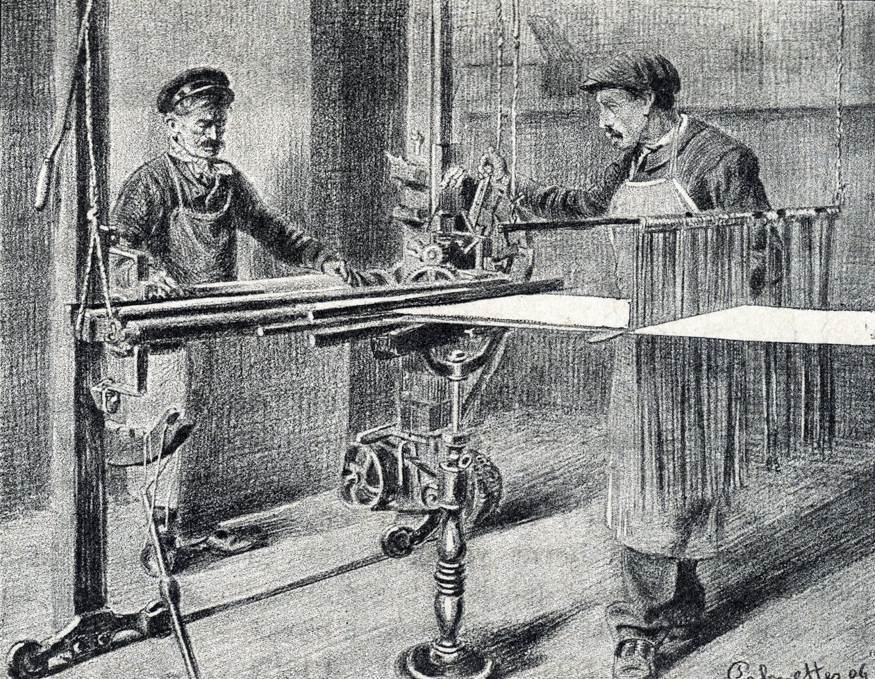 Oficina da seda: a preparação da cadeia na pasta (Trabalho da seda) Gravura desenhada a partir de "Excursion through the metiers" por Pierre Calmette Private Collection de Pierre Calmettes