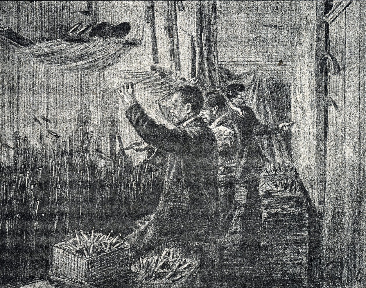 Tapeçaria de Aubusson: os estofadores trabalham de cabeça para baixo Gravura de "Excursion a travers les metiers" de Pierre Calmette Collection privee de Pierre Calmettes