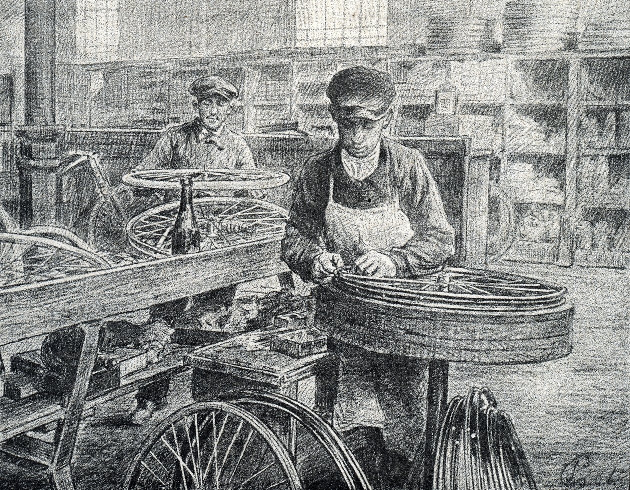 Trabalhadores que fixam os raios às jantes de uma bicicleta durante o seu fabrico (fabrico de bicicletas) Gravação de Pierre Calmette Private Collection de Pierre Calmettes