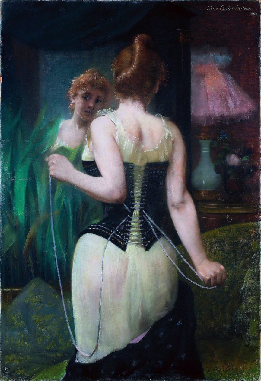 Jeune femme ajustant son corset - Jovem mulher ajustando seu espartilho - Pintura de Pierre Carrier Belleuse (Carrier-Belleuse) (1851-1933) de Pierre Carrier Belleuse
