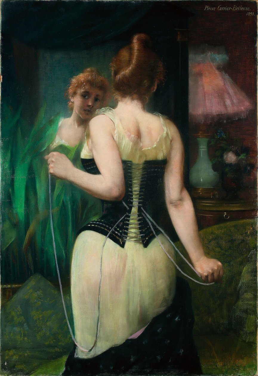 Jovem mulher ajustando seu espartilho, 1893 de Pierre Carriere Belleuse