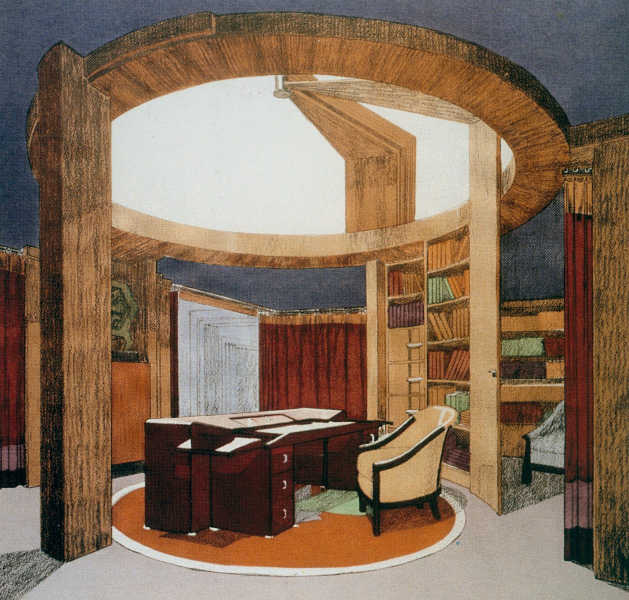 Design para a biblioteca (Bureau-Bibliotheque) de Ambassade de France, de Pierre Chareau (1883-1950), apresentado na Exposição Internacional de Artes Decorativas em Paris, em 1925, França, século XX de Pierre Chareau