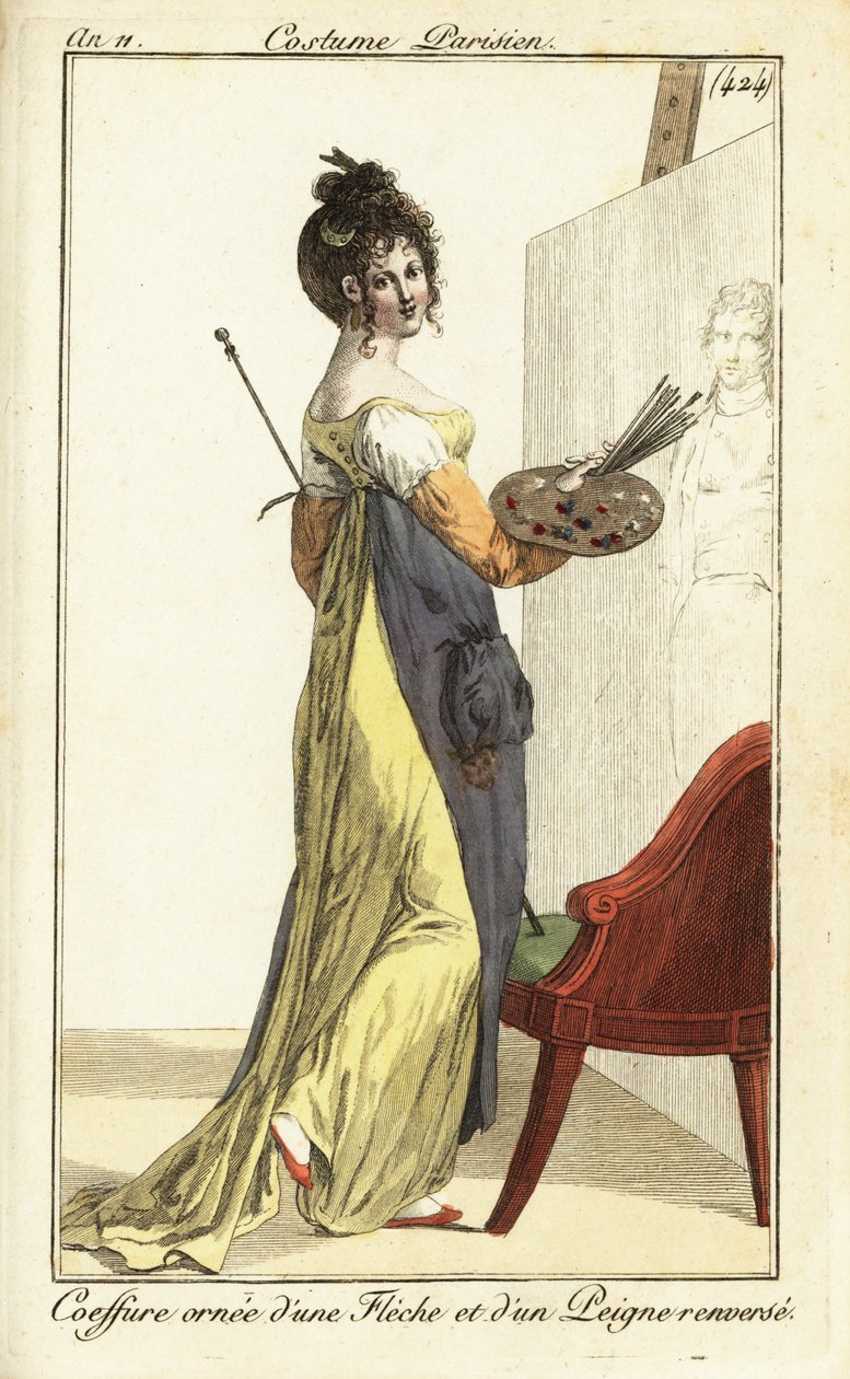 Mulher artista em frente de uma pintura a óleo, Paris de Pierre Charles Baquoy