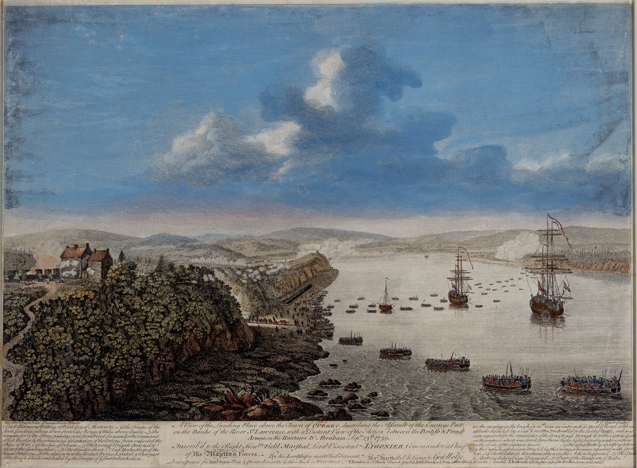 Uma vista do local de desembarque acima da cidade de Quebec descrevendo o assalto ... no Hauteurs DAbraham Septr. 13 1759, c.1760 de Pierre Charles Canot