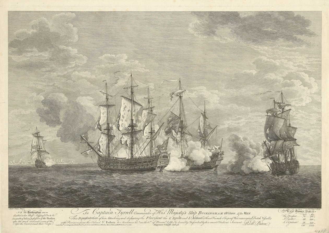 Ataque de um navio inglês em três navios franceses ao largo de St. Eustatius, 1758 de Pierre Charles Canot