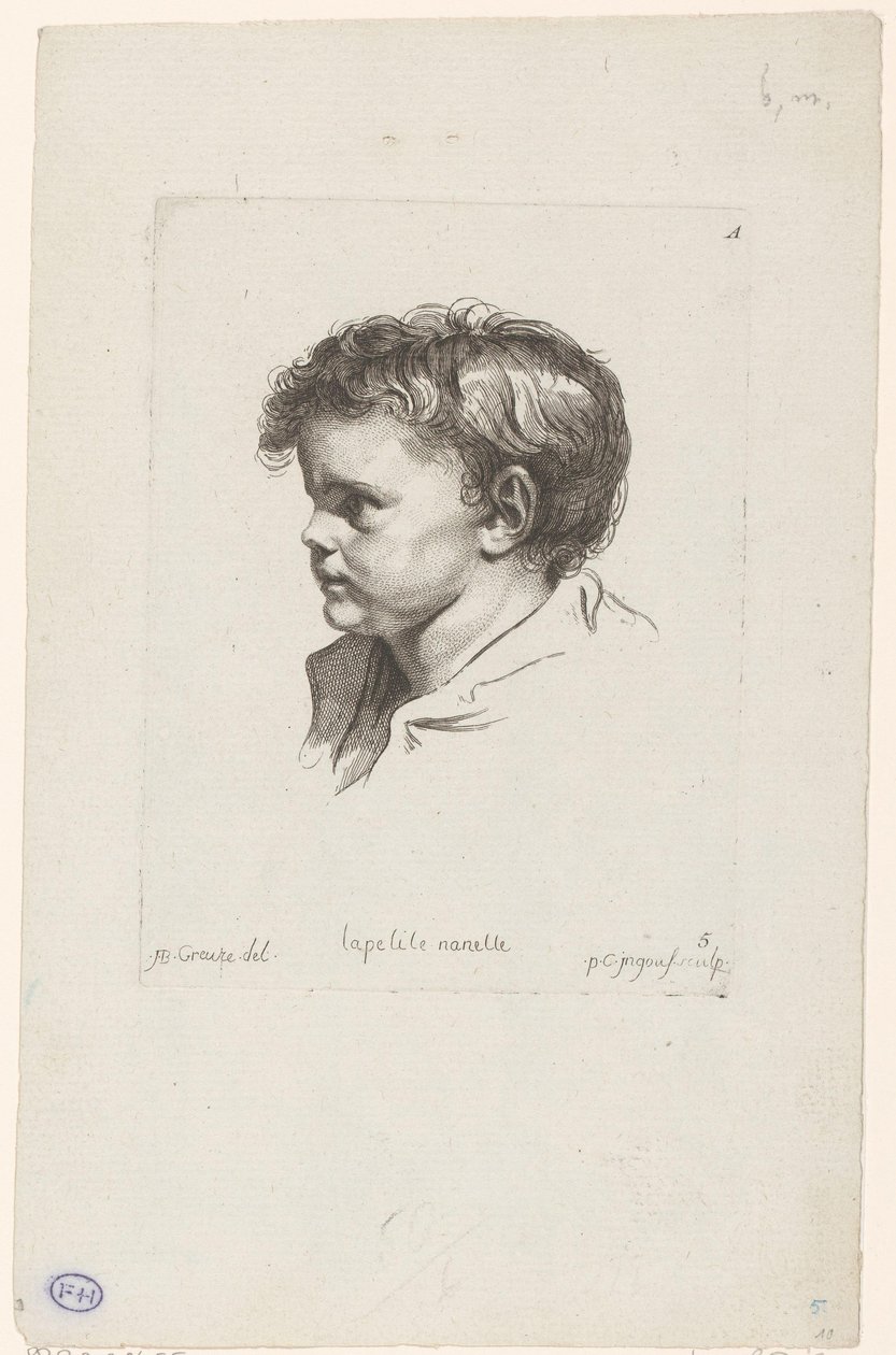 Cabeça de uma criança pequena, virada para a esquerda
La petite Nanette (título sobre o objecto)
Cabeças de várias personagens (título da série)
Ir. Cahier de Têtes de différens Caracteres (título da série) de Pierre Charles Ingouf
