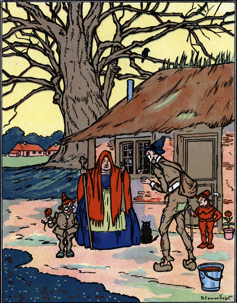 O voo de Picrochole que encontra uma velha bruxa Ilustração de Pierre Couselles (falecido em 1938) de "Gargantua" de François Rabelais de Pierre Courselles