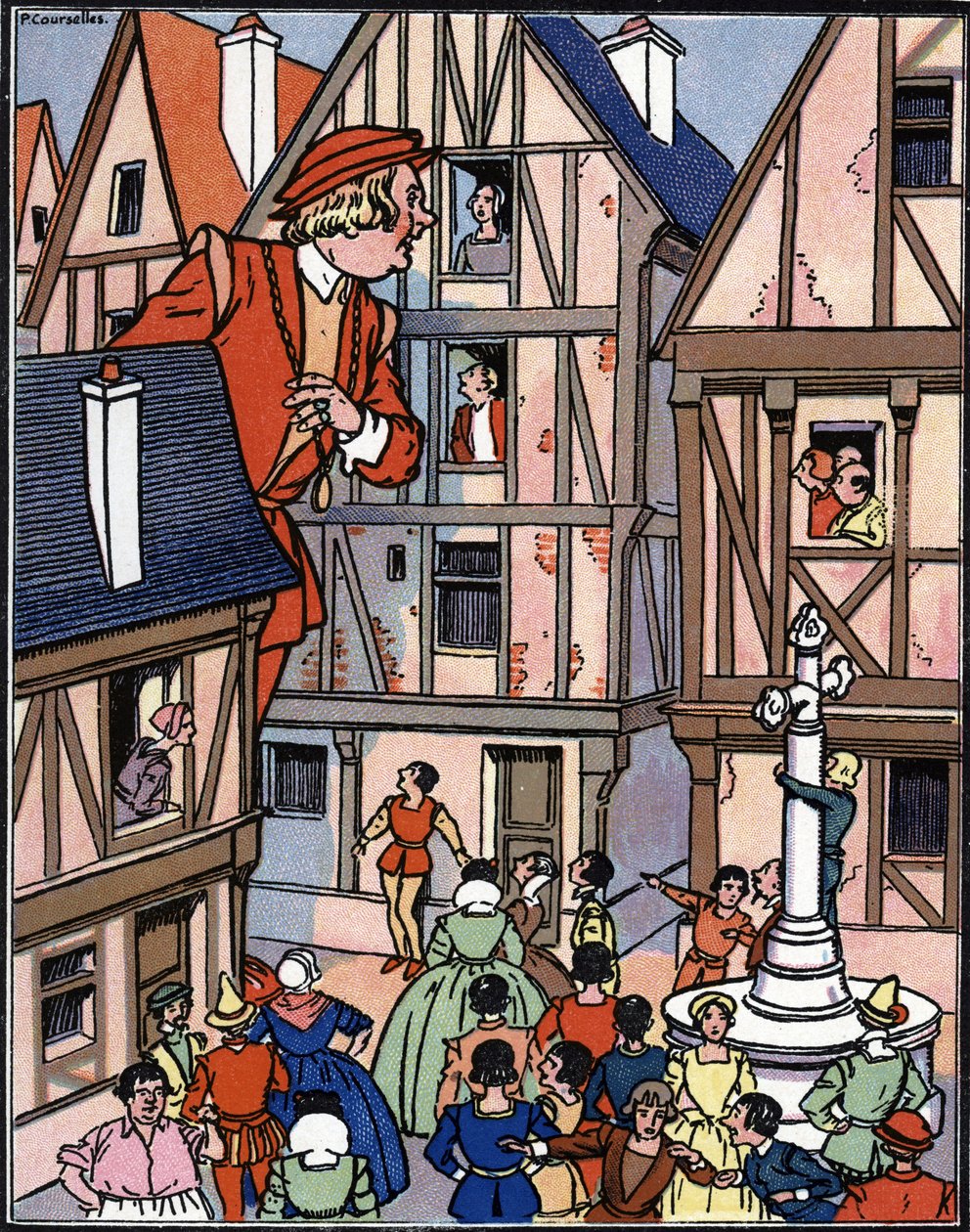 O gigante Gargântua nas ruas de Chinon Illustration de Pierre Couselles (falecido em 1938) de "Gargântua" de François Rabelais de Pierre Courselles
