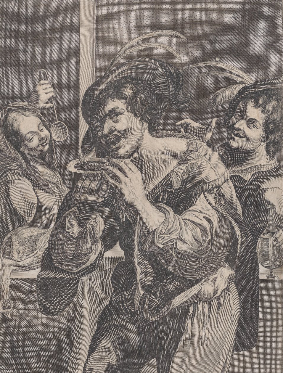 Homem tomando sopa enquanto duas pessoas o observam, 1624-75. de Pierre Daret