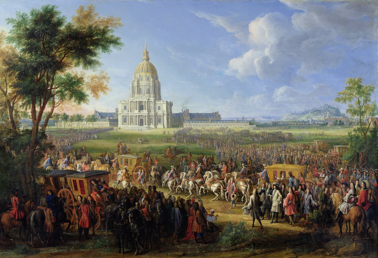 Luís XIV (1638-1715) e sua comitiva visitando Les Invalides, 26 de agosto de 1706 de Pierre Denis Martin
