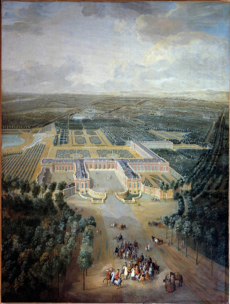 Vista panorâmica do castelo e jardins de Trianon: passeio do rei Luís XV a cavalo. Pintura de Pierre Denis Martin (1663-1742). Século XVIII. Dim. 2,96 x 2,23 m. Versalhes, musee du Chateau - Vista panorâmica do castelo e jardins de Tria. de Pierre Denis Martin