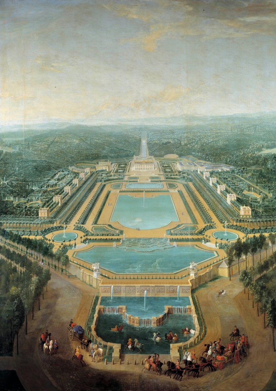 Perspectiva do castelo de Marly, Rei Luís XV (1710-1774) criança em carruagem passa em frente ao bebedouro Pintura por Pierre Denis Martin (1663-1742) 1724 Sol. 2,96 x 2,24 m de Pierre Denis Martin