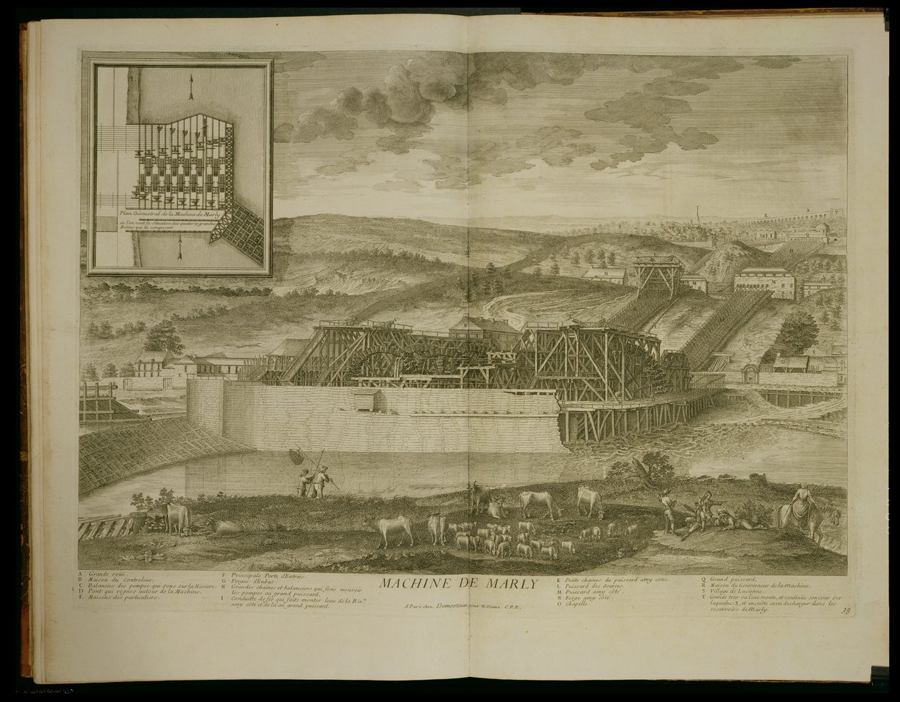 The Machine at Marly, de "Os planos, perfis e elevações da cidade e Chateau de Versailles", publicado depois de 1724 de Pierre Denis Martin
