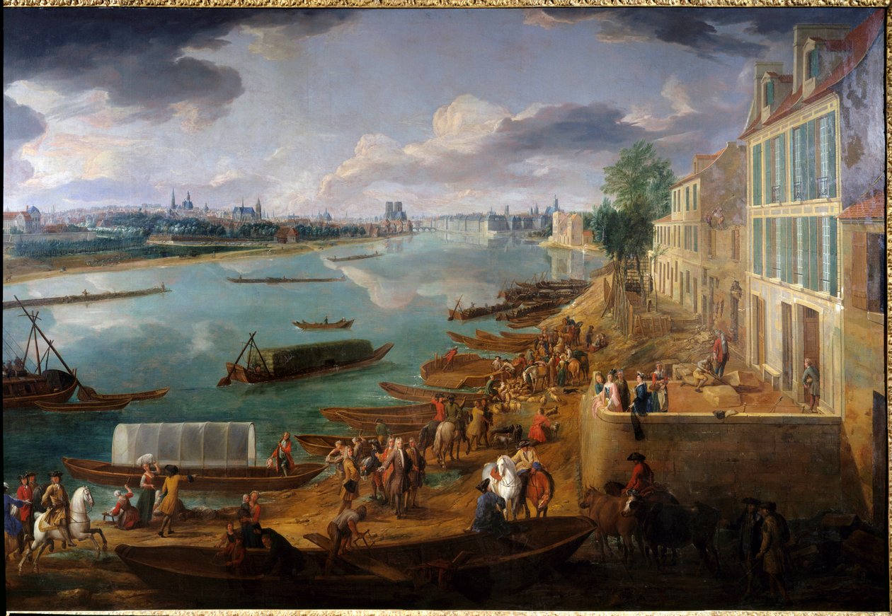 Vista de Paris, tirada do Quai de la Rapee em 1716 Detalhe dos barcos no Sena e das actividades. Pintura de Pierre Denis Martin (1663-1742) 1716 Sol. 1,7x3,15 m Paris, Musee Carnavalet. de Pierre Denis Martin