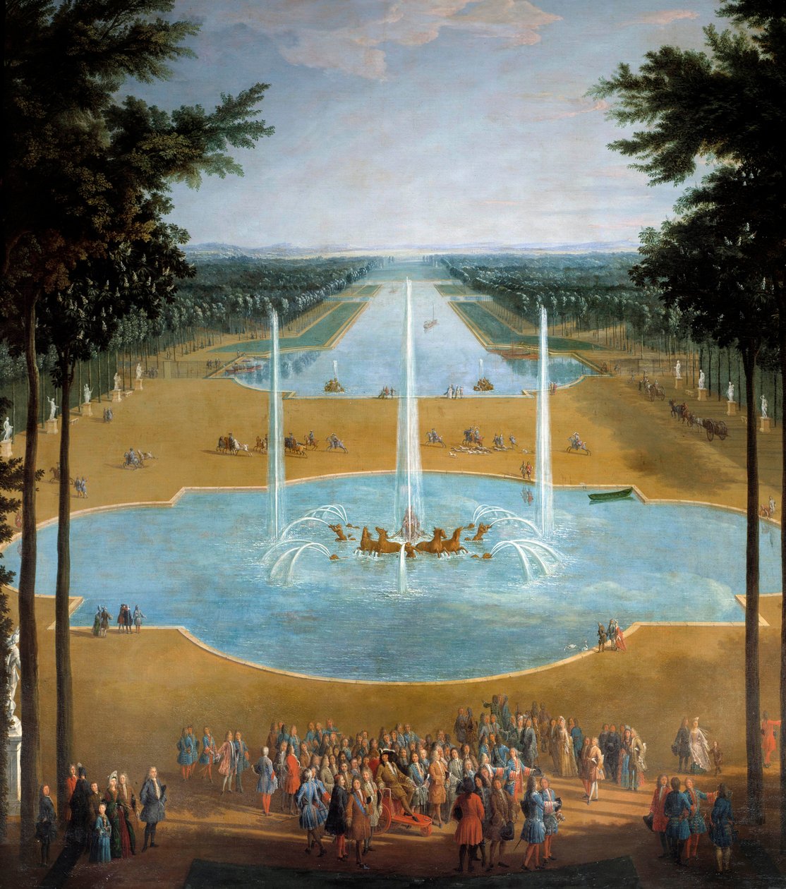 Vista da bacia do Apolo e do Grande Canal de Versalhes em 1713, em primeiro plano: Rei Luís XIV (1638-1715) tem o passeio por volta de 1713 Detalhe de um quadro de Pierre Denis Martin (1663-1742) Sol. 2,6x1,3 m de Pierre Denis Martin
