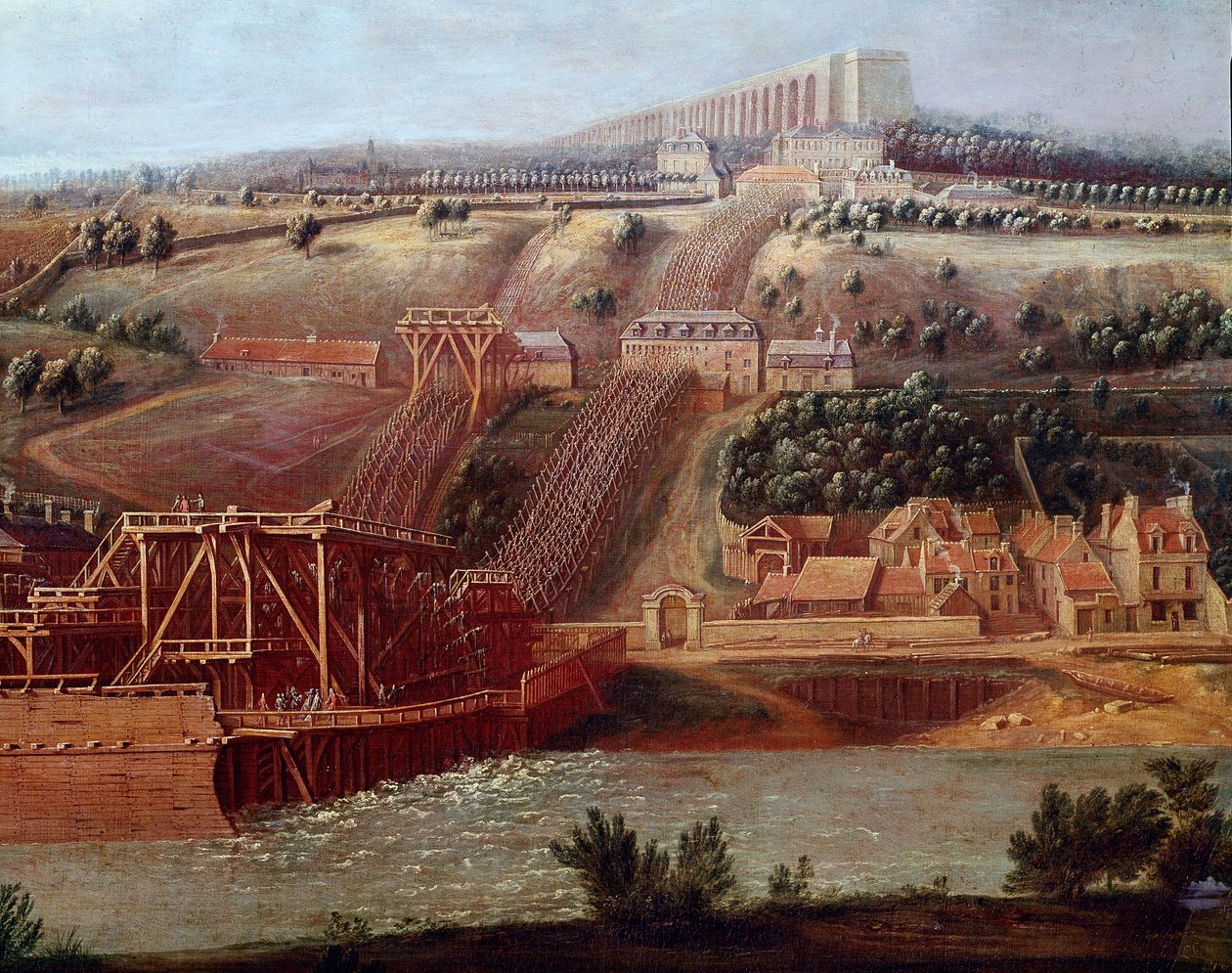 Vista da máquina do aqueduto de Marly instalada em Bougival O aqueduto de Louveciennes (ou Marly) permitiu abastecer de água o castelo de Marly em Versalhes. Detalhe. Pintura de Pierre Denis Martin (1663-1742) Sol. 1,15x1,65 m Versailles, musee du de Pierre Denis Martin