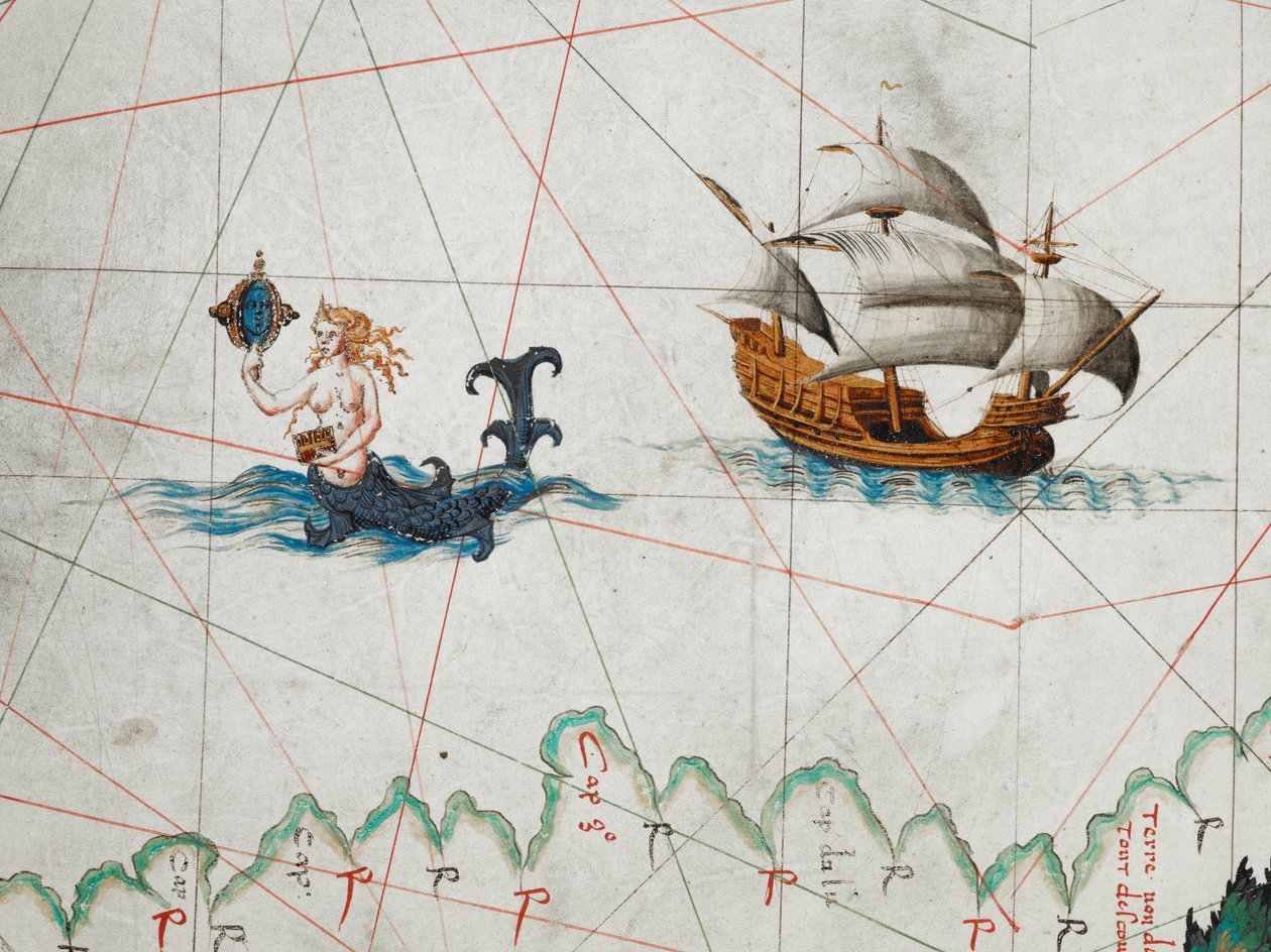 Um detalhe de uma sereia admirando-se em um espelho e um navio a leste no Oceano Antártico, de um Mapa do Mundo, 