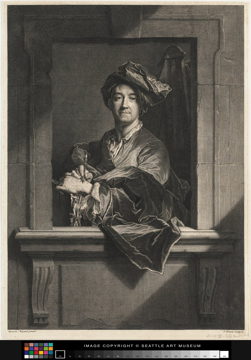 Gravura do retrato de si mesmo de Hyacinth Rigaud, final do século 17 ao século 18 de Pierre Imbert Drevet