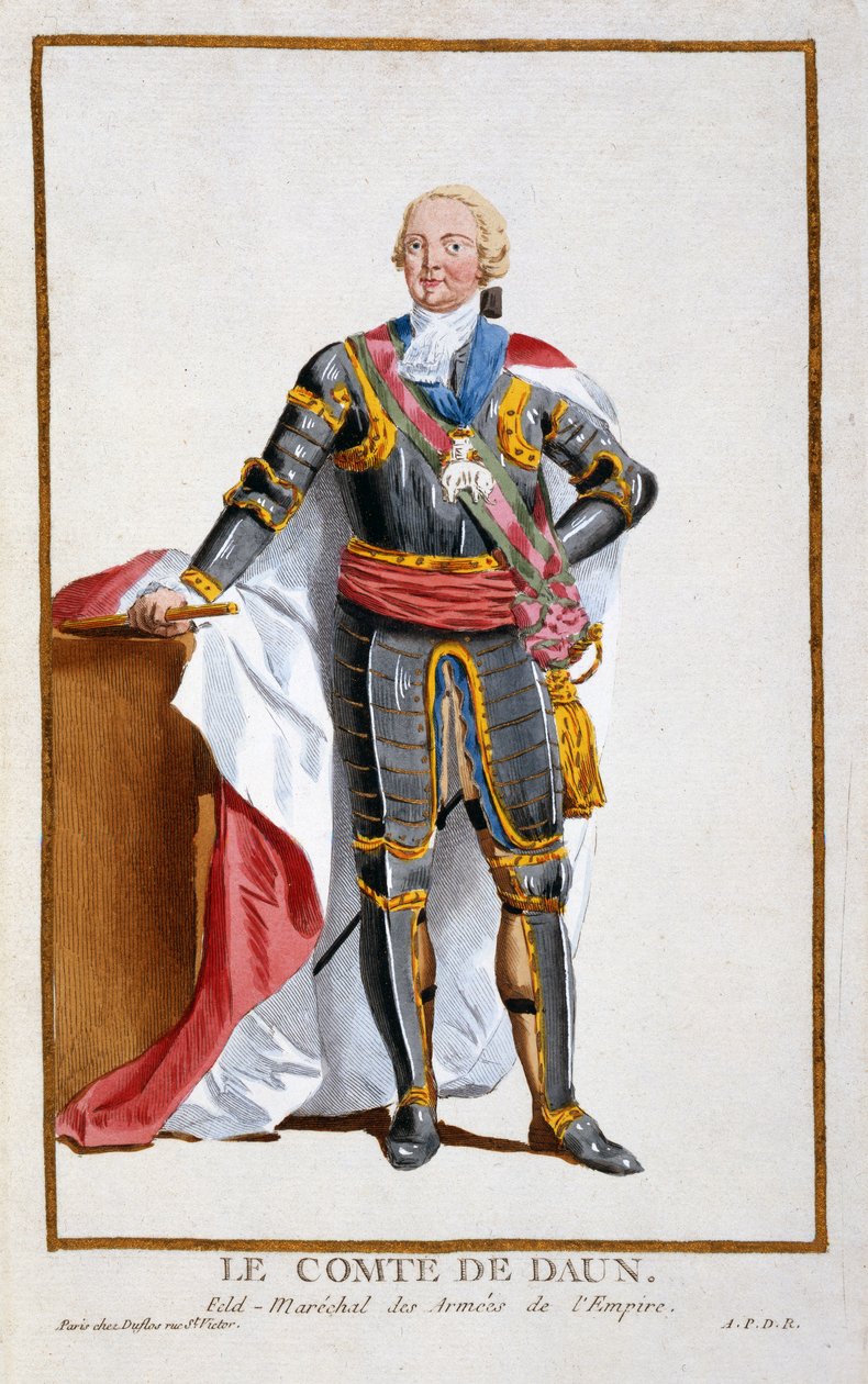 Conde Daun, General dos Exércitos do Sacro Império Romano (1705-66) da Colecção de Estampas, representando Cordilheiras e Dignitas, seguindo o Traje de todas as Nações existentes, publicado 1 de Pierre Duflos