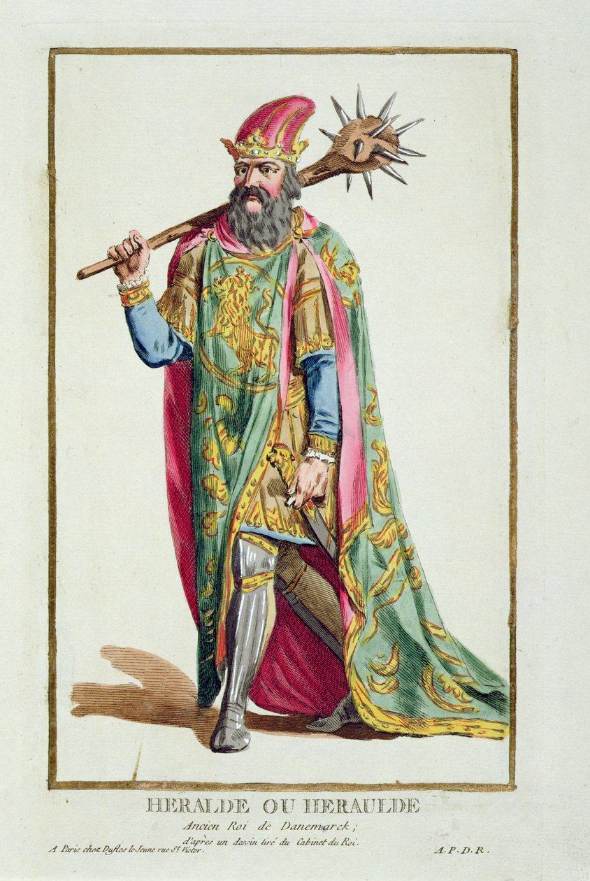 Harold, rei da Dinamarca, de "Coleção de gravuras, representando escalas e dignidades, seguindo o traje de todas as nações existentes", publicado em 1780 (gravura colorida à mão) de Pierre Duflos