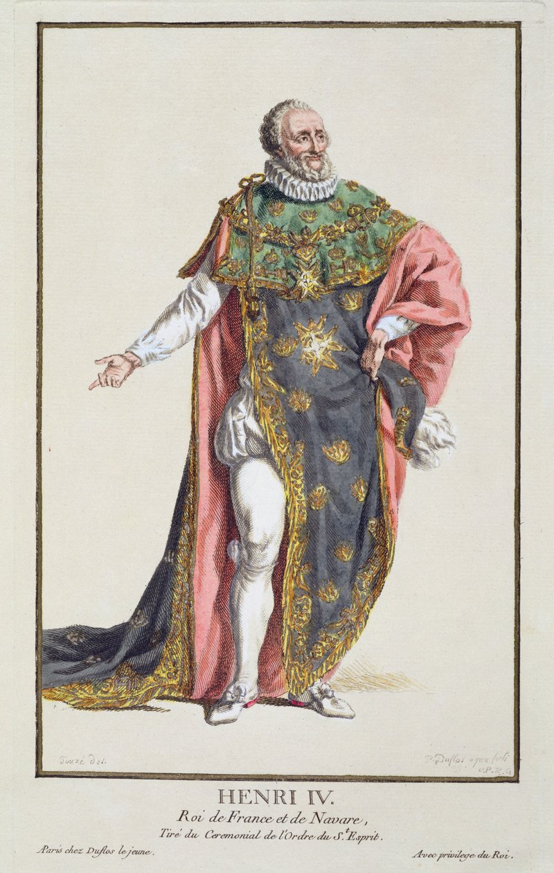 Henrique IV (1553-1610), rei da França, de &39;Réuil des Estampes, representando Ranges e Dignites, seguindo o figurino de todas as nações existentes&39;, publicado em 1780 (gravura colorida à mão) de Pierre Duflos