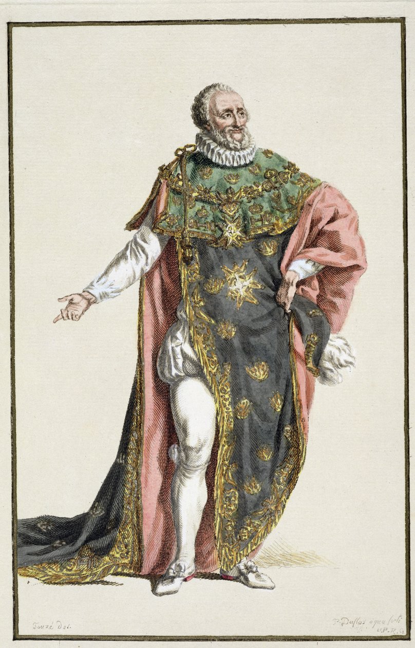 Henrique IV (1553-1610) Rei da França, de Réuil des Estampes, representando Ranges e Dignites, seguindo o figurino de todas as nações existentes, publicado em 1780 (gravura colorida à mão) de Pierre Duflos