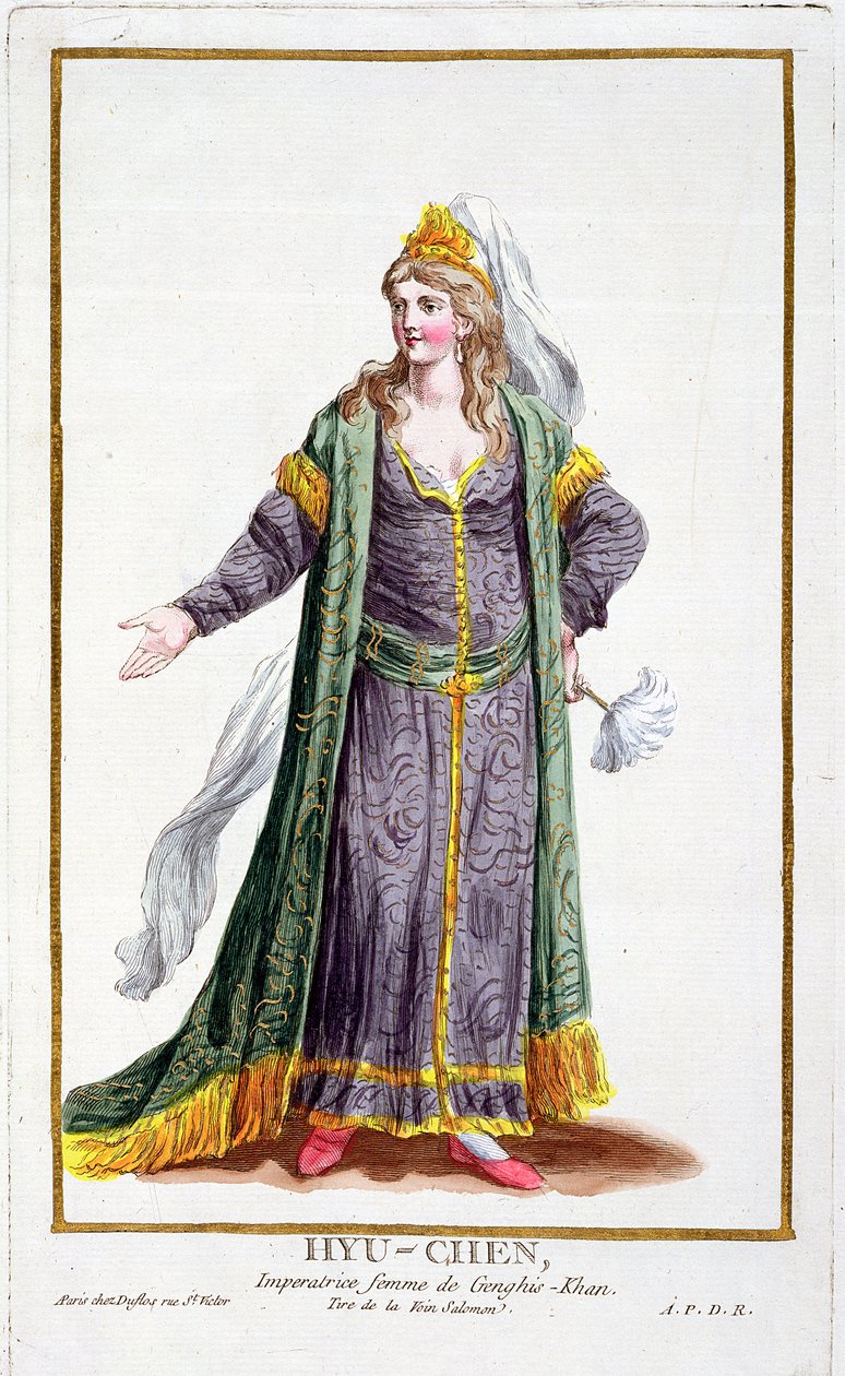 Hyu-Chen, esposa de Genghis Khan, de Réuil des Estampes, representando Ranges e Dignites, seguindo o figurino de todas as nações existentes, publicada em 1780 (gravura colorida à mão) de Pierre Duflos