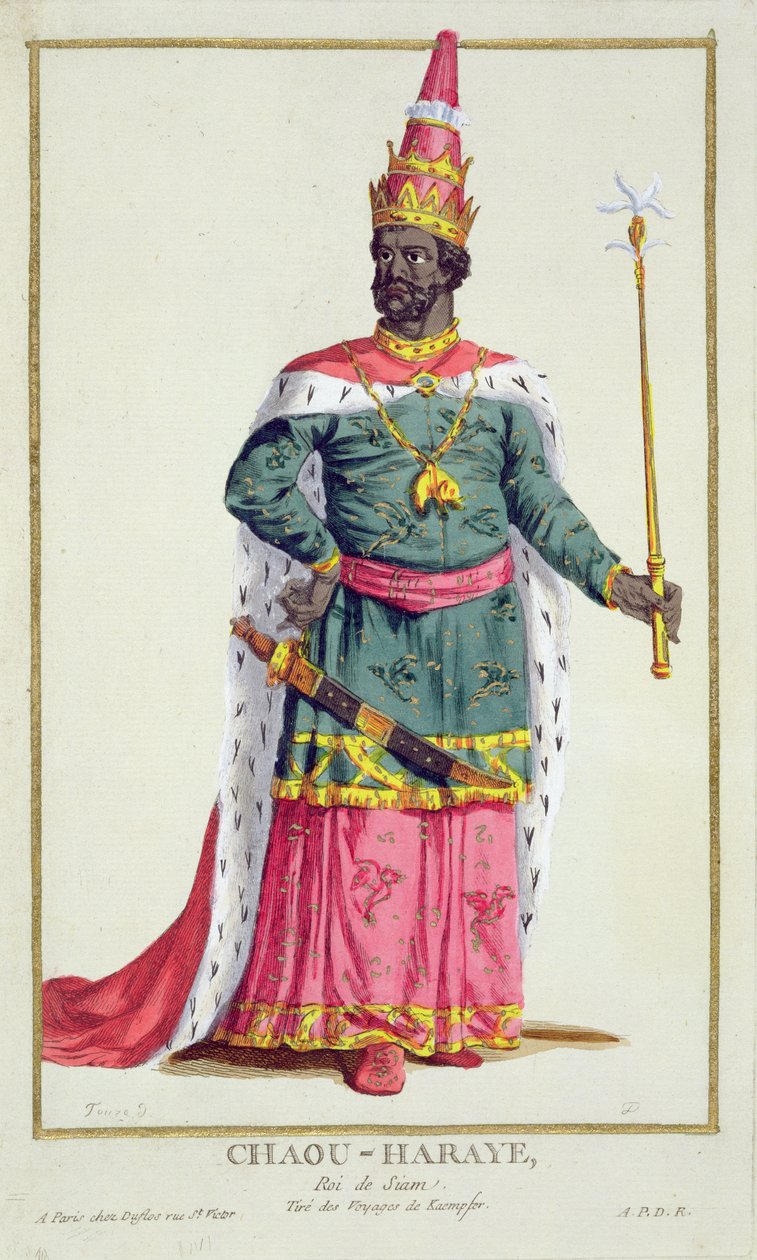 Rei Chau-Haraye, do Sião, de &39;Colecção de Estampas, Representando Cordilheiras e Dignitas, Seguindo o Traje de Todas as Nações Existentes&39;, publicado em 1780 (gravura colorida à mão) de Pierre Duflos