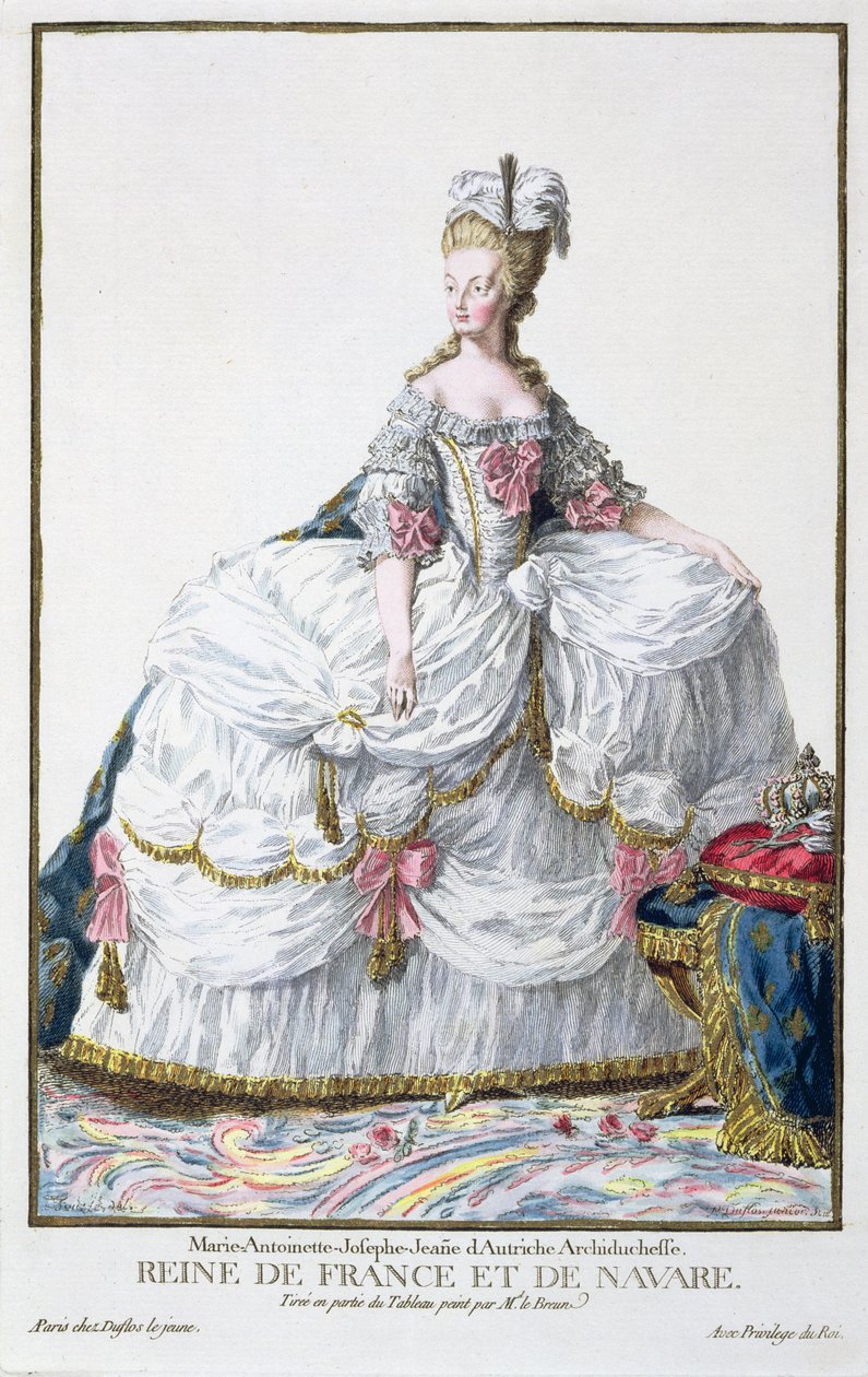 Maria Antonieta (1752-93) de Réuil des Estampes, representando Cordilheiras e Dignitas, seguindo o figurino de todas as nações existentes, publicada em 1780 (gravura à mão) de Pierre Duflos