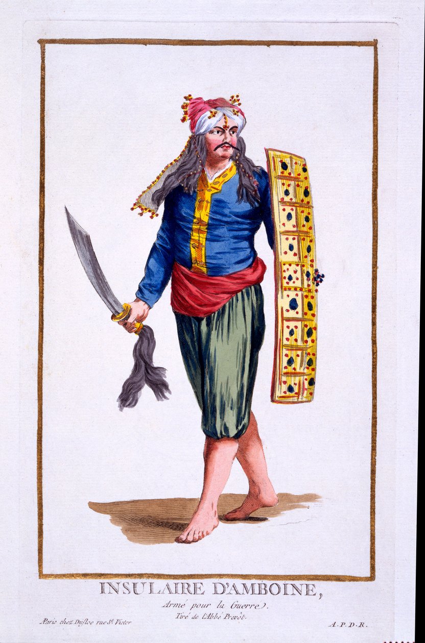 Nativa da Ilha de Amboine, armada para a guerra, de &39;Coleção de gravuras, representando escalas e dignidades, seguindo o traje de todas as nações existentes&39;, publicado em 1780 de Pierre Duflos