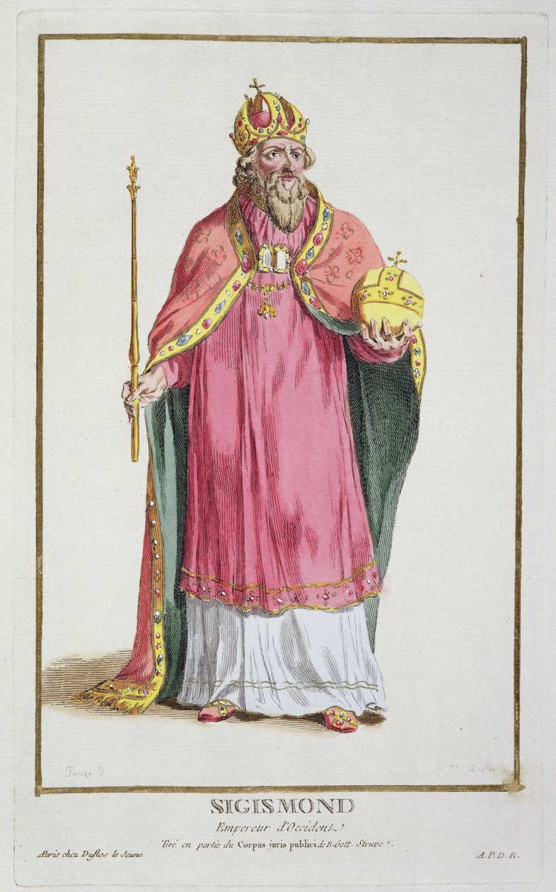 Sigismund (1368-1437) Sacro Imperador Romano (1433-37) de &39;Recueil des Estampes, representando Cordilheiras e Dignitas, seguindo o figurino de todas as nações existentes&39;, publicado em 1780 de Pierre Duflos