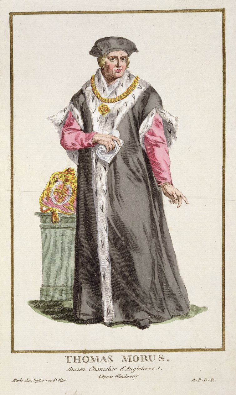 Sir Thomas More (1478-1535) de &39;Réuil des Estampes, representando Ranges and Dignites, seguindo o figurino de todas as nações existentes&39;, publicado em 1780 (gravura colorida à mão) de Pierre Duflos