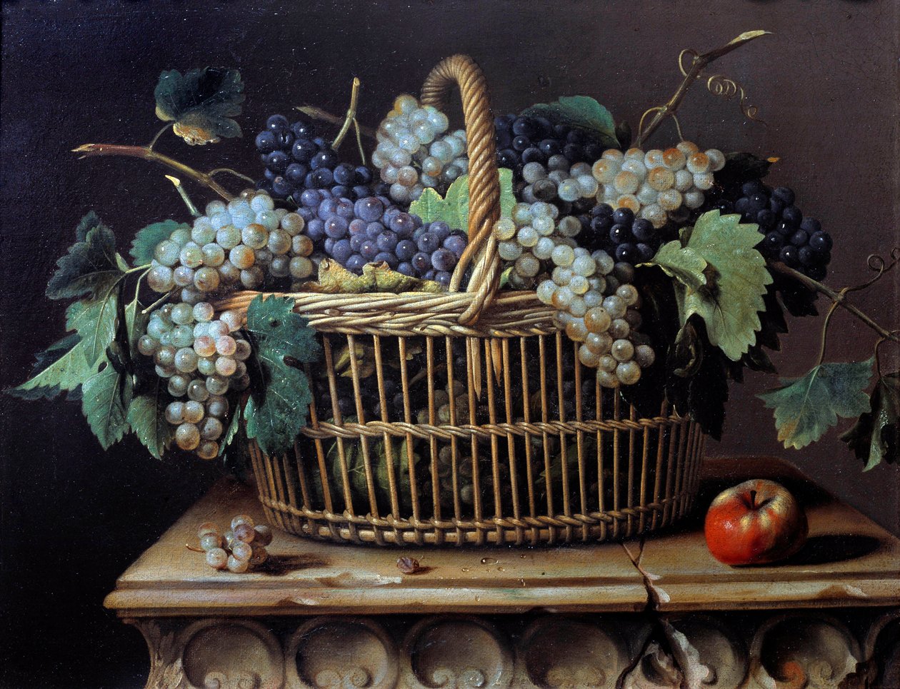 Natureza morta de um cacho de uvas em uma cesta Quadro de Pierre Dupuis de Pierre Dupuis