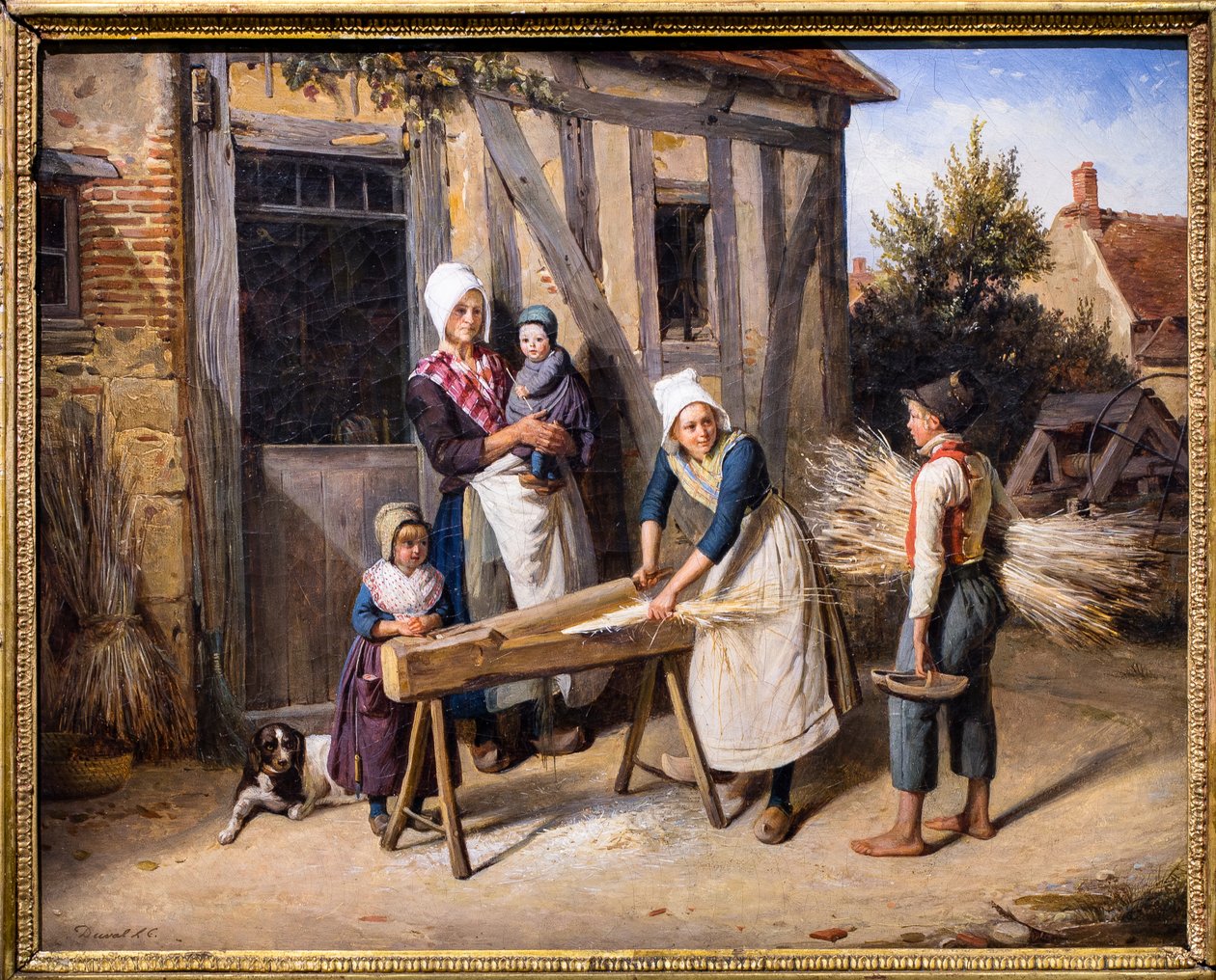 A família do agricultor (camponeses ocupados a preparar cânhamo em frente à porta de uma casa de campo) de Pierre Duval Le Camus