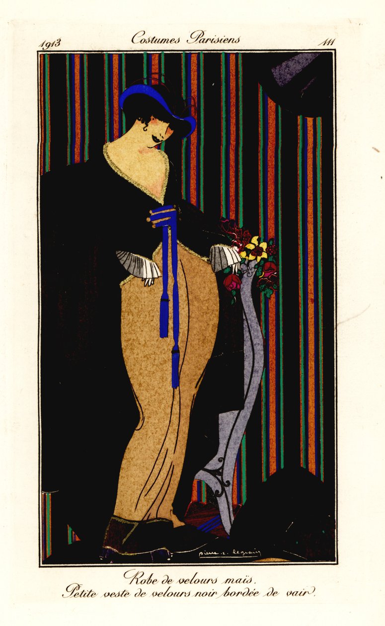 Mulher em vestido de veludo amarelo milho com colete preto de Pierre E. Legrain