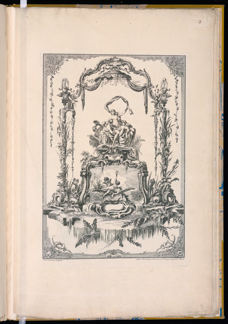 Painel de ornamento com uma cartela dupla mostrando Vênus ou Thetis com suas ninfas e uma fonte de Pierre Edme Babel