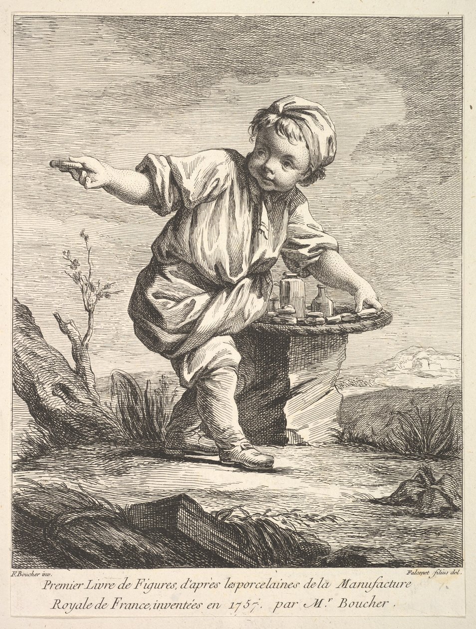 Frontispício com menino segurando uma cesta, do Premier Livre de Figuras daprès les po ..., 1757. de Pierre Etienne Falconet