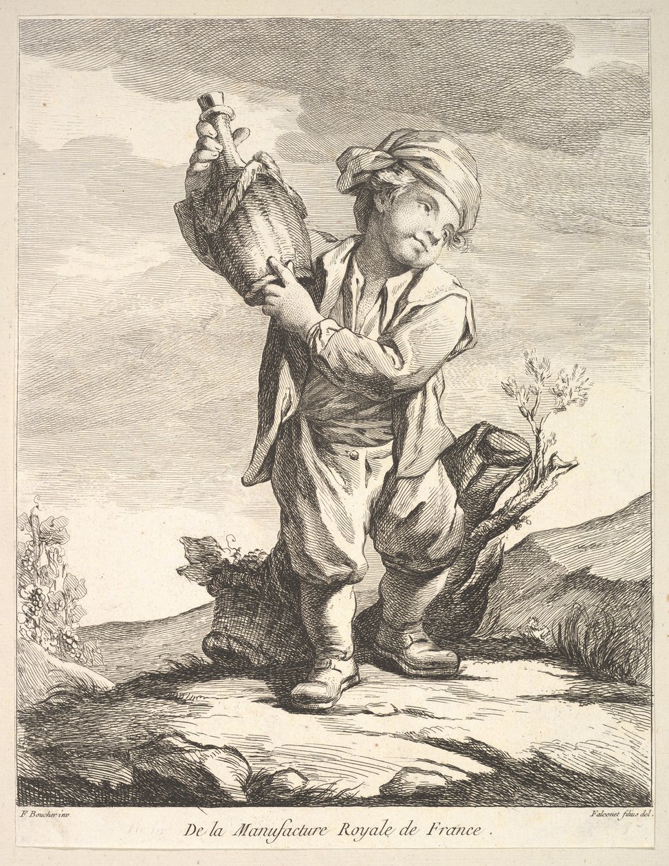Garotinho segurando um navio, do Premier Livre de Figuras após as porcelanas da M ..., 1757. de Pierre Etienne Falconet
