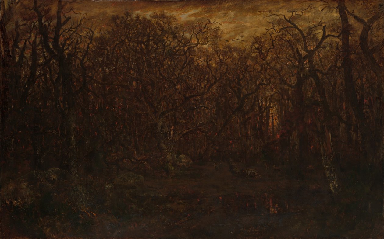 A floresta no inverno ao pôr do sol, ca. 1846-67. de Pierre Etienne Theodore Rousseau