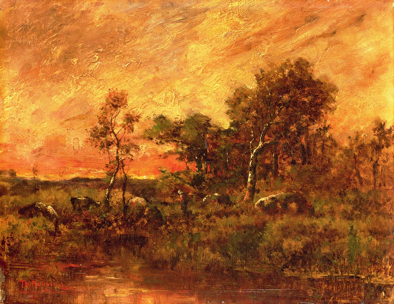 Paisagem arborizada com um Colector de Galhos, século XIX de Pierre Etienne Theodore Rousseau