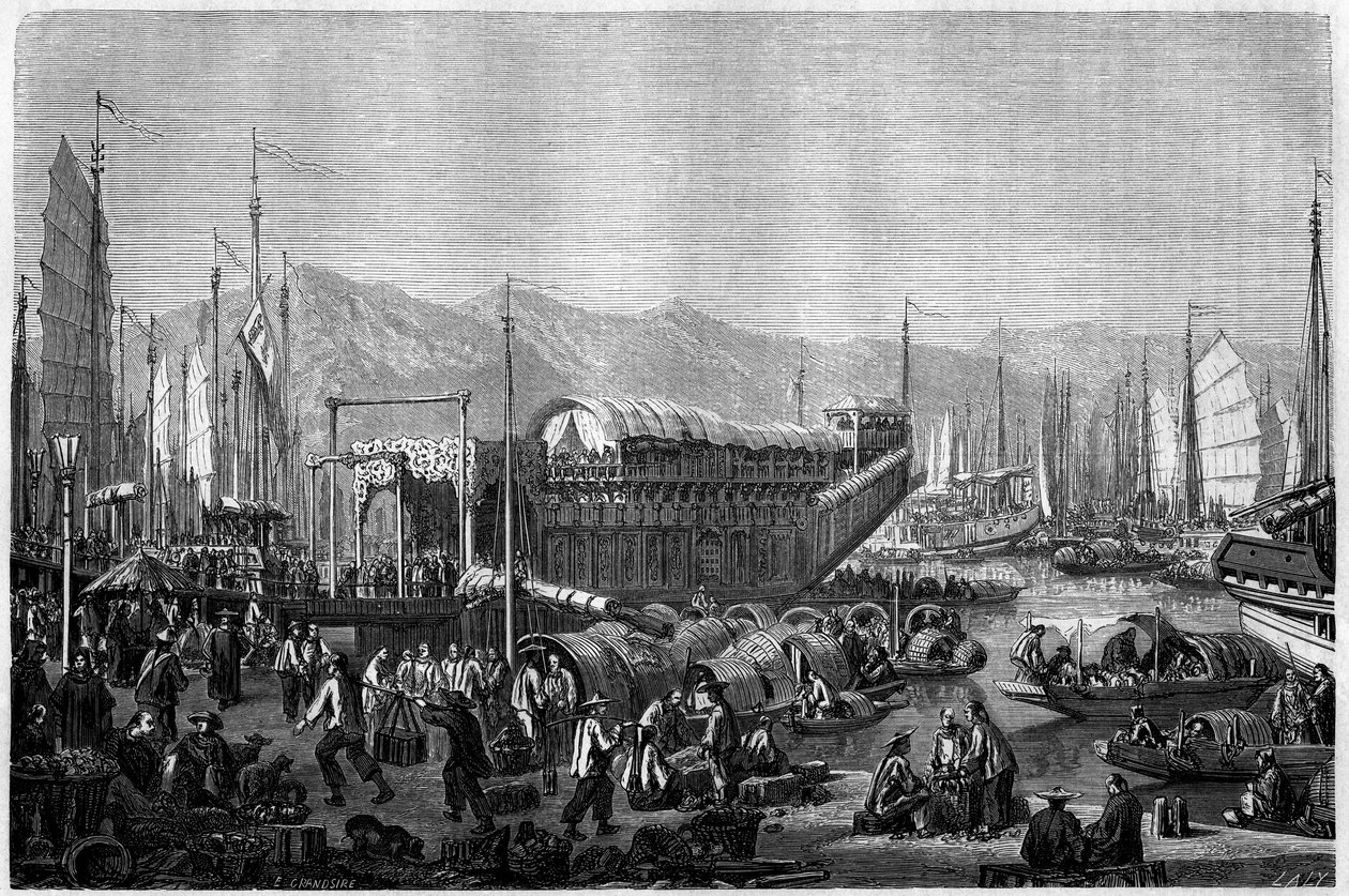 Boat des Fleurs, um restaurante e local de diversão no porto de Xangai em 1860, China. Gravura de Grandsire, em "Le Tour du Monde, Nouveau journal des Voyages", editado por Edouard Charton, Paris de Pierre Eugene Grandsire