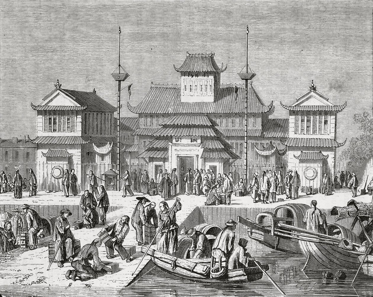 China, Xangai, Alfândega de Xangai, gravura de Pierre Eugene Grandsire
