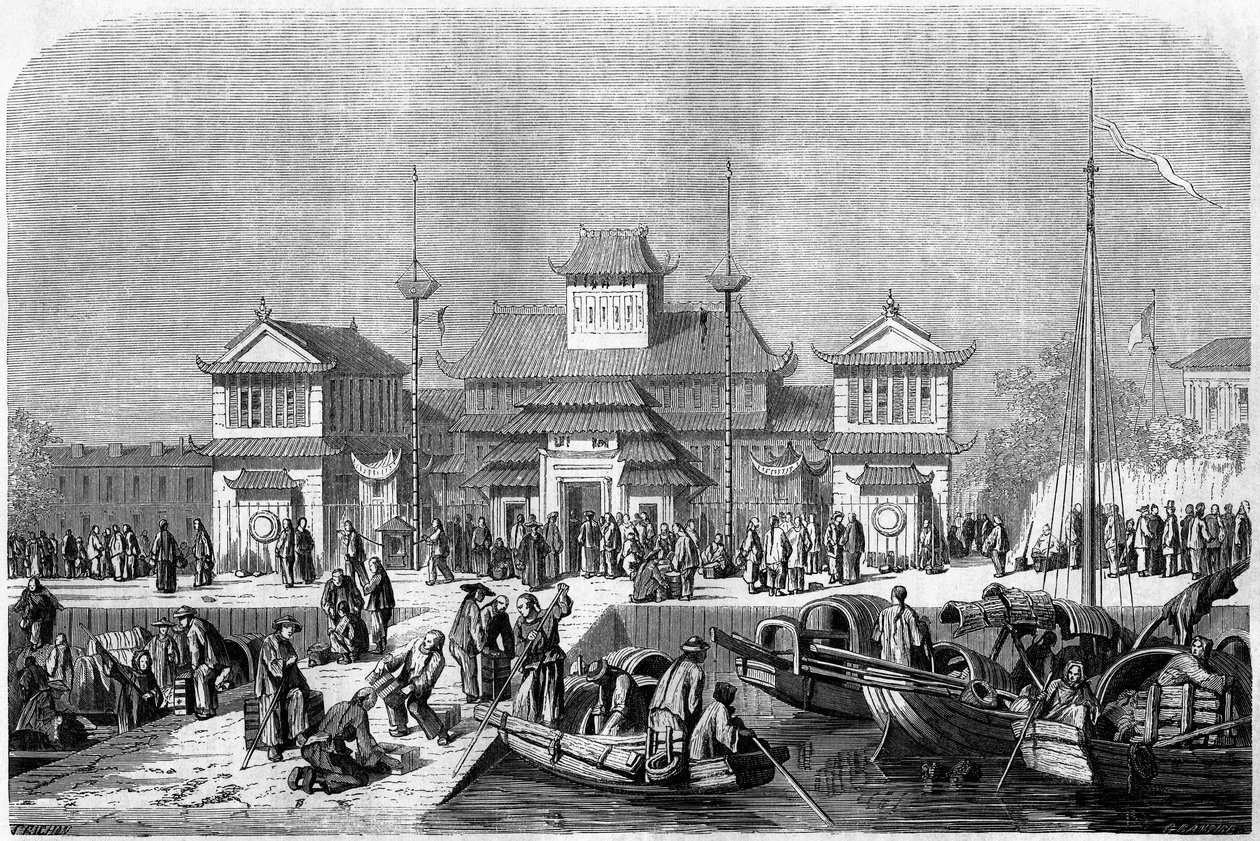 Vista da alfândega no porto de Xangai em 1860, China. Gravação de Grandsire, em "Le Tour du Monde, Nouveau journal des Voyages", editado por Edouard Charton, Paris de Pierre Eugene Grandsire