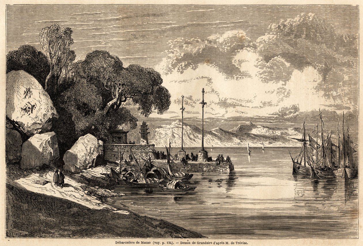 O Barcadere de Macau, desenho de Grandsire para ilustrar a viagem à China e ao Japão, em 1857-1858, de M.de Moge. Gravura em "Le tour du monde, nouveau journal des voyages" Paris de Pierre Eugene Grandsire